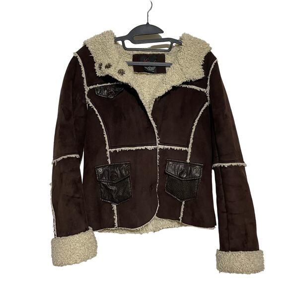 Via Spiga Brown Suede Winter Jacket Sherpa Lined Button Up Y2K Bratz Small - Picture 2 of 8